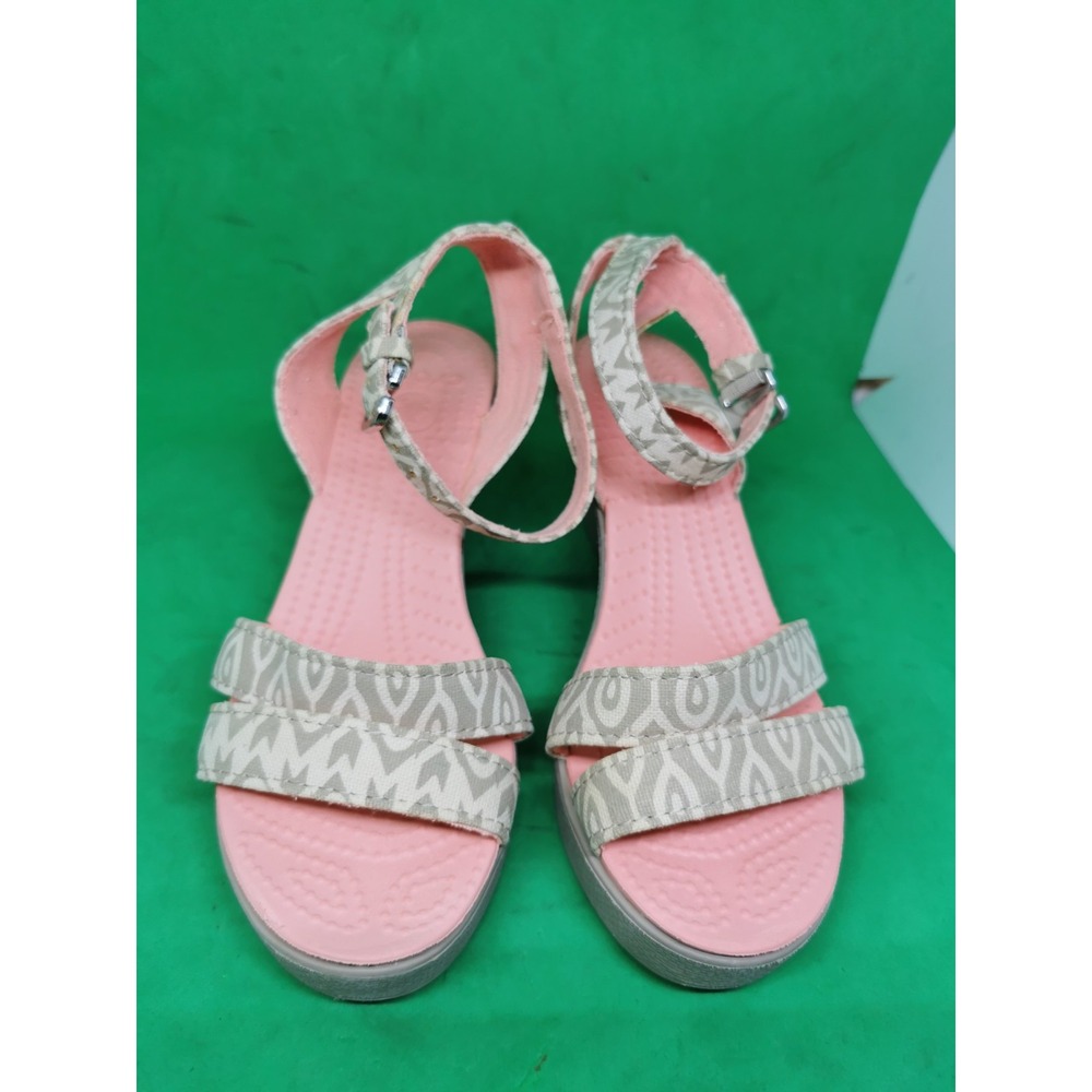 Crocs Leigh Graphic Wedge Sandals Tan Coral Strappy Canvas Size 6 3in Heel